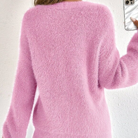 Casual Pink Women's Elegant Long Sleeve V Neck Cardigan with Wooden Button - Picture 2 of 7